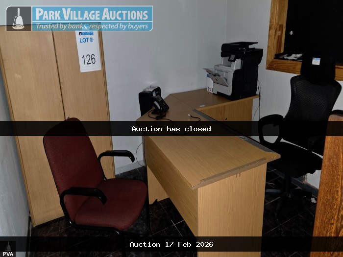 1 X WOODEN L-SHAPE DESK, 2 X OFFICE CHAIRS, 1 X STEEL 4 DRAWER FILING CABINET, 1 X WOODEN 2 DOOR CUPBOARD, 1 X WOODEN BOOKSHELF, 1 X HP COPIER AND 1 X PAPER SHREDDER
