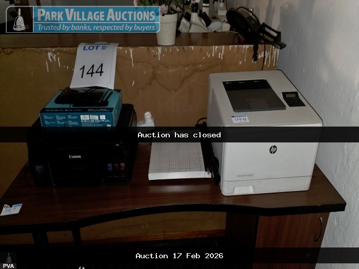 1 X HP PRINTER, 1 X CANON PIXMA PRINTER, 1 X PAPER GUILLOTINE AND 1 X TP-LINK ROUTER EXCLUDING TABLE