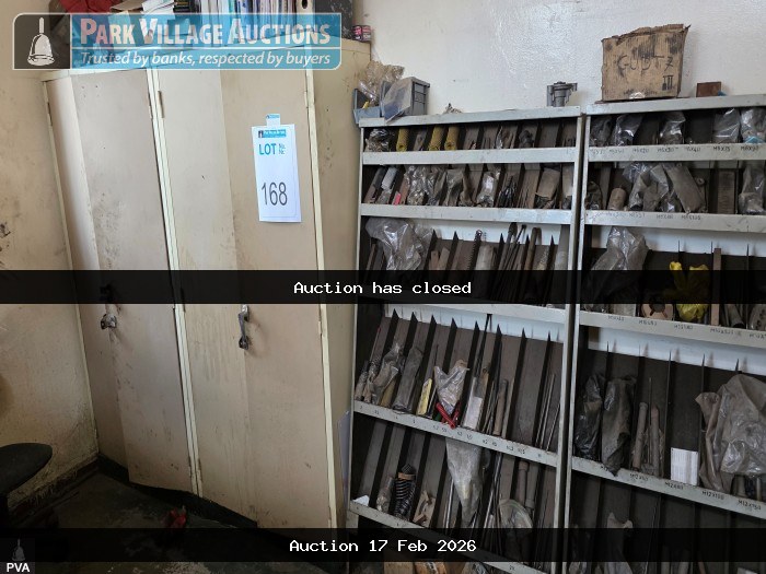 CONTENTS OF OFFICE - 2 X STEEL 2 DOOR CUPBOARDS, 1 X WOODEN DESK, 2 X OFFICE CHAIRS, ASSORTED TOOLING, ETC.