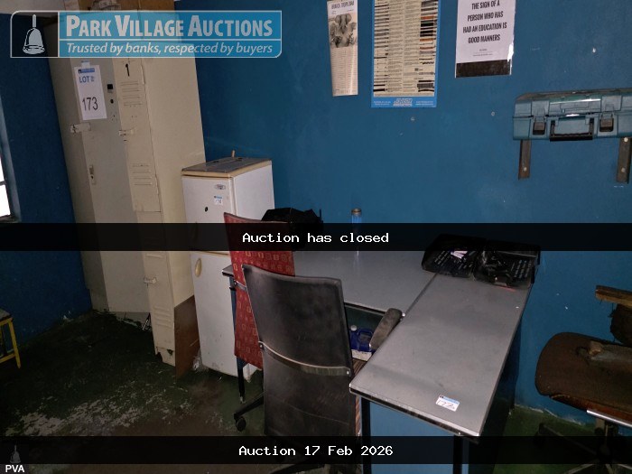 CONTENTS OF OFFICE - WOODEN L-SHAPE DESK, 2 X OFFICE CHAIRS, UNIVER FRIDGE AND 3 X ASSORTED CABINETS