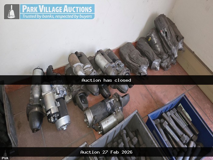 LOT ASSORTED MACHINERY STARTER MOTORS, BOLTS, NUTS AND BEARINGS