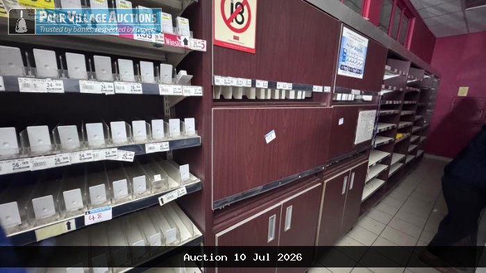 2 X 1,1M X 2,1M DARK VENEER UPRIGHT CIGARETTE DISPLAY SHELVING WITH BOTTOM CUPBOARDS AND DRAWERS