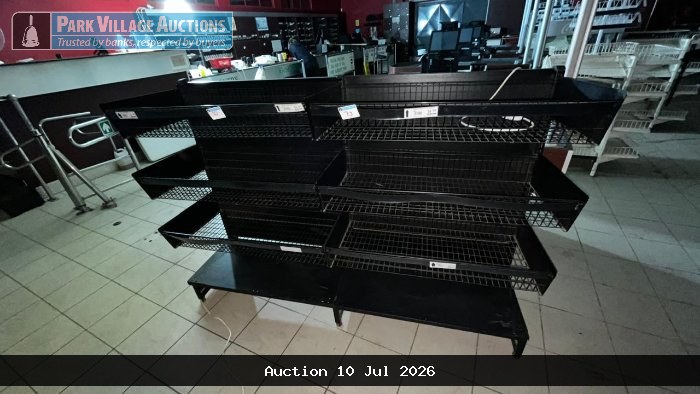 2 X BLACK COATED METAL BASKET RACKING 1 X BLACK FREE STANDING COATED METAL RACKING WITH HANGER INSERTS