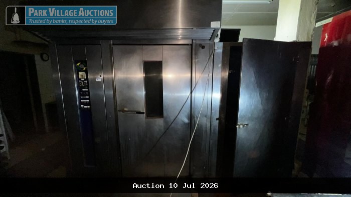 ALLROUND SINGLE TROLLEY 80 BREAD BAKING OVEN WITH OVERHEAD 5M STAINLESS STEEL EXTRACTOR CANOPY CONNECTED TO THE OUTSIDE DUCTING