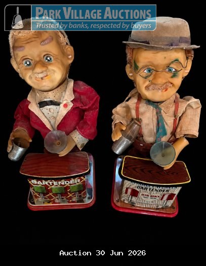CHARLEY WIEVER PAIR OF VINTAGE BARTENDER CHARACTER TOYS WITH SERVING ACCESSORIES