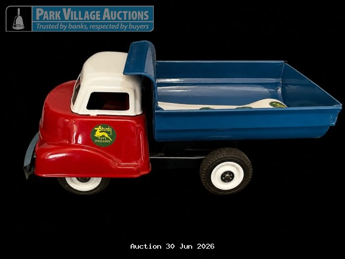 STURDY TOYS VINTAGE TIPPER TRUCK WITH RED CAB, BLUE LOAD BED