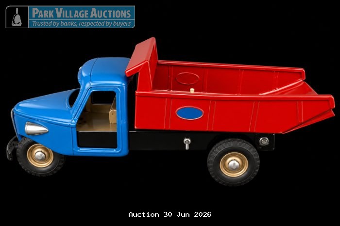 VINTAGE THREE-WHEEL TIPPER TRUCK TOY WITH BLUE CAB, RED LOAD BED