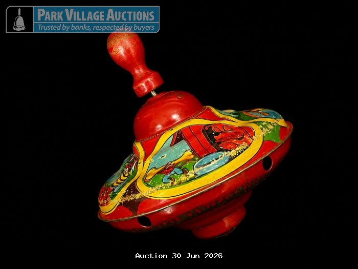 COLOURFUL VINTAGE SPINNING TOP TOY WITH RED BASE AND DECORATIVE ARTWORK