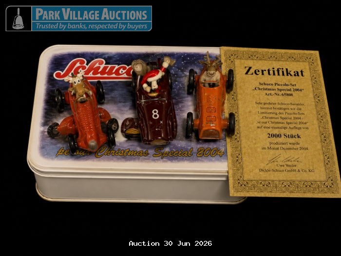 SCHUCO PICCOLO CHRISTMAS SPECIAL 2004 COLLECTIBLE MODEL CAR SET WITH CERTIFICATE AND DISPLAY TIN.