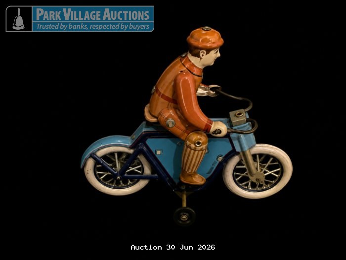 VINTAGE TIN MOTORCYCLE TOY WITH RIDER FIGURE AND BLUE DETAILING