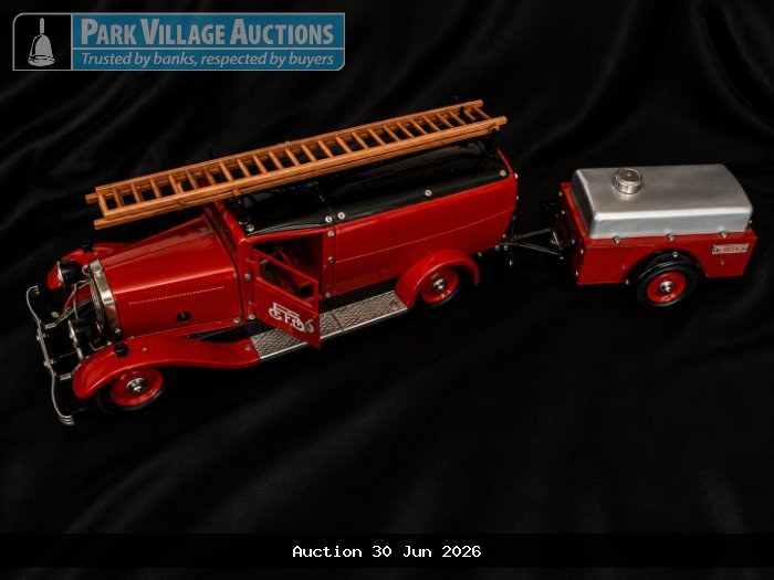 RED VINTAGE FIRE TRUCK MODEL WITH LADDER AND MATCHING TRAILER
