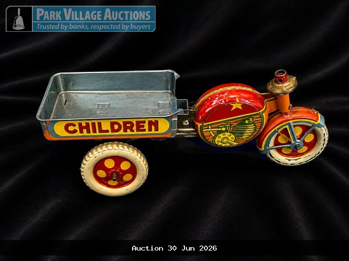 COLOURFUL VINTAGE TIN TOY TRICYCLE WITH TRAILER