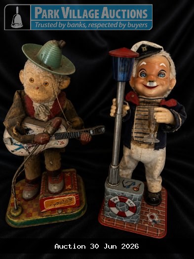 TWO VINTAGE CHARACTER TOYS, INCLUDING A GUITAR-PLAYING FIGURE AND A SAILOR FIGURE