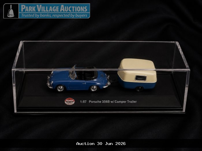 1:87PORSCHE 356B MODEL CAR WITH CAMPER TRAILER, DISPLAYED IN A CLEAR PRESENTATION CASE.