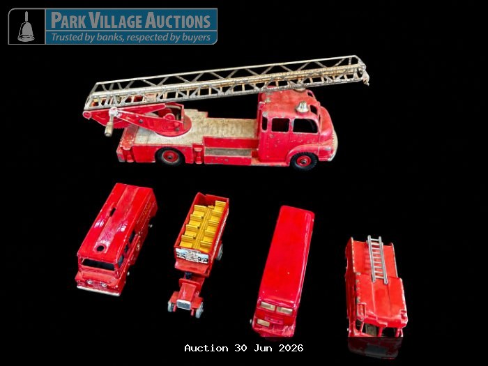 DINKEY SUPERTOYS, MATCHBOX BUDGIE MODELS ASSORTED RED VINTAGE TOY FIRE VEHICLES, INCLUDING A LADDER TRUCK, BUS AND TRAILERS