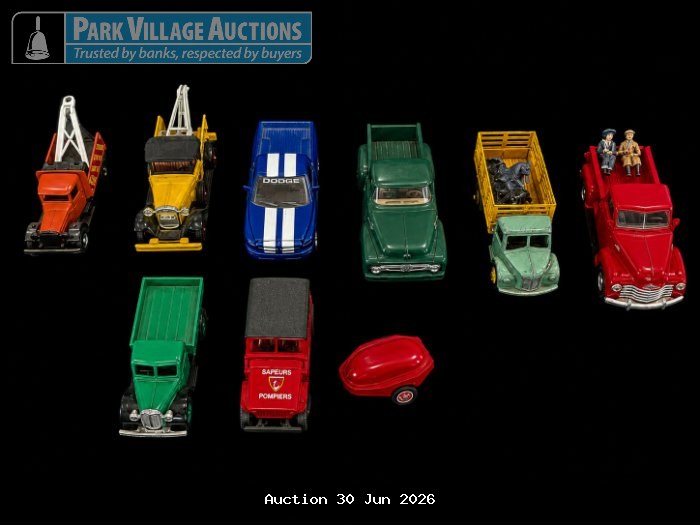 SOLIDO, MAITSO, DAYS GONE, MATCHBOX MODELS OF YESTERYEAR, DINKEY TOYS DODGE, PROMOTIONAL & ROAD CHAMPS COLLECTION OF ASSORTED DIE-CAST TOY VEHICLES, INCLUDING VINTAGE TRUCKS, TOW TRUCKS, A DODGE PICKUP, A FIRE TRUCK AND TRAILER ACCESSORIES