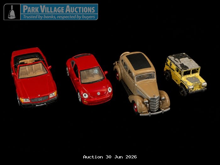 GAMA & REXTOYS COLLECTION OF FOUR DIE-CAST MODEL VEHICLES, INCLUDING A RED MERCEDES SL, RED VOLKSWAGEN BEETLE, CLASSIC TAN SALOON AND WEATHERED YELLOW UTILITY VEHICLE