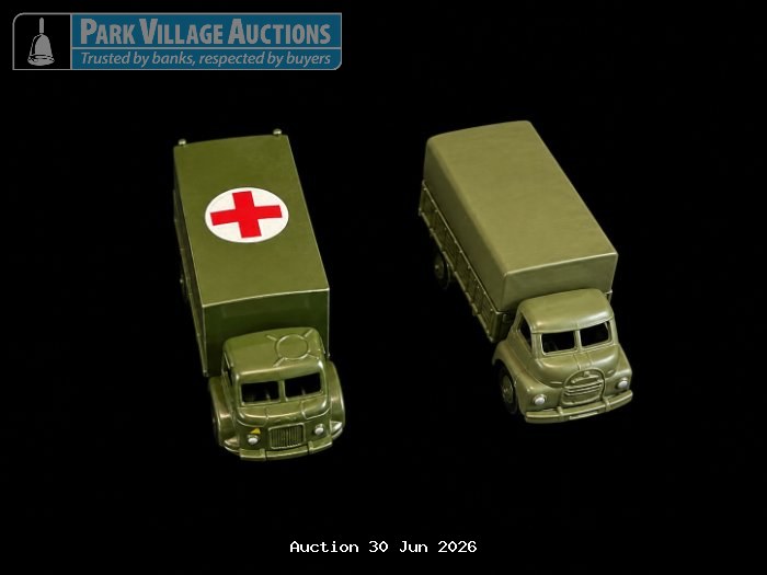 DINKEY TOY X 2 GREEN MILITARY-STYLE DIE-CAST MODEL TRUCKS, INCLUDING A RED CROSS AMBULANCE VEHICLE