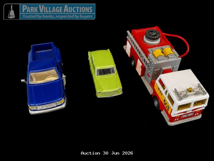 ROAD CHAMPS, VITESSE & MAJORETTE ASSORTED DIE-CAST MODEL VEHICLES, INCLUDING A BLUE PICKUP, GREEN CAR AND RED FIRE TRUCK