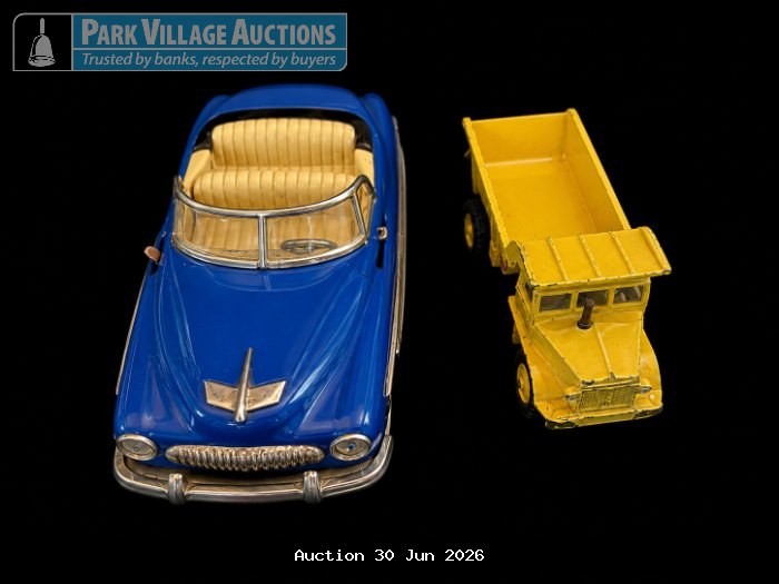 BLUE DIE-CAST CLASSIC CONVERTIBLE MODEL CAR WITH CREAM INTERIOR, TOGETHER WITH A DINKEY TOY DIE-CAST DUMP TRUCK