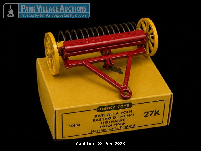 DINKY TOYS 27K HAY RAKE MODEL IN RED AND YELLOW, DISPLAYED ON ITS ORIGINAL MECCANO LTD. BOX