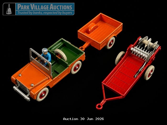 DINKEY TOYS ORANGE TIN-STYLE JEEP MODEL WITH DRIVER FIGURE, MATCHING TRAILER AND RED FARM IMPLEMENT ATTACHMENT,