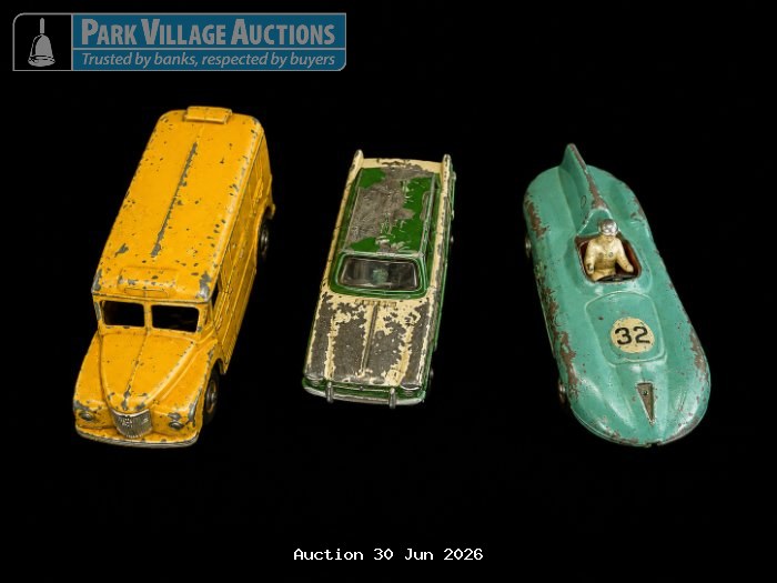 DINKEY TOYS 3 X WEATHERED VINTAGE DIE-CAST MODEL VEHICLES, INCLUDING A YELLOW VAN, GREEN CAR AND TURQUOISE RACING CAR