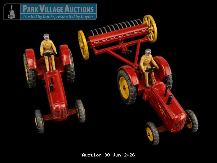 DINKEY TOYS 2 X RED VINTAGE-STYLE DIE-CAST TRACTOR MODELS WITH DRIVER FIGURES, INCLUDING ONE FITTED WITH A HAY RAKE ATTACHMENT,
