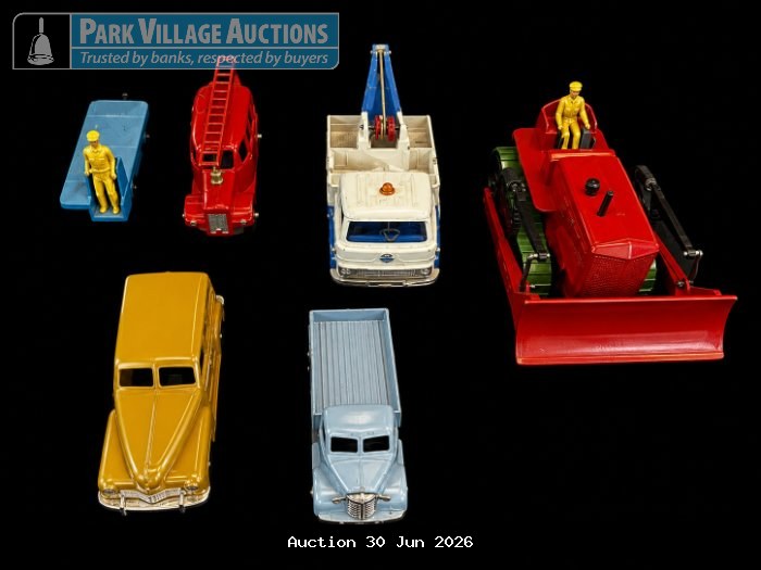 DINKEY TOYS COLLECTION OF ASSORTED VINTAGE-STYLE DIE-CAST VEHICLES, INCLUDING TRUCKS, SERVICE VEHICLES AND A RED TRACTOR WITH DRIVER FIGURE