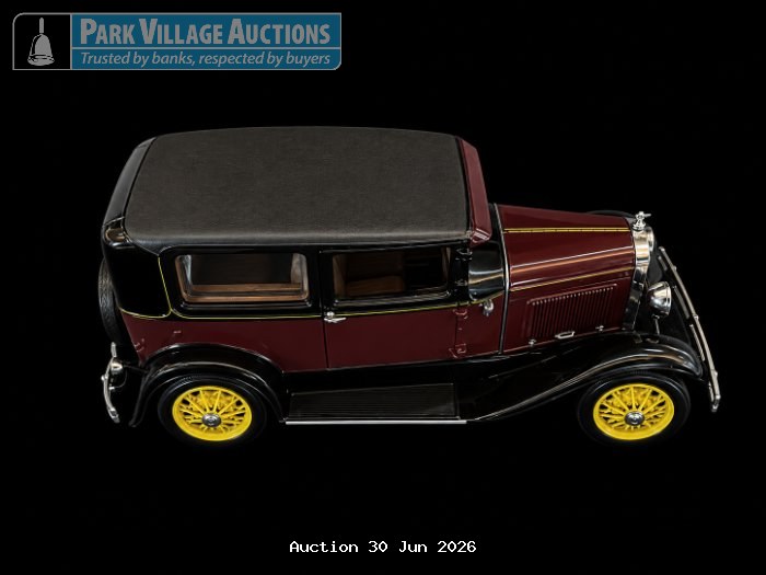 1931 FORD MODEL A, DARK BURGUNDY AND BLACK VINTAGE-STYLE DIE-CAST CLASSIC SALOON MODEL WITH YELLOW SPOKED WHEELS AND CHROME DETAILING