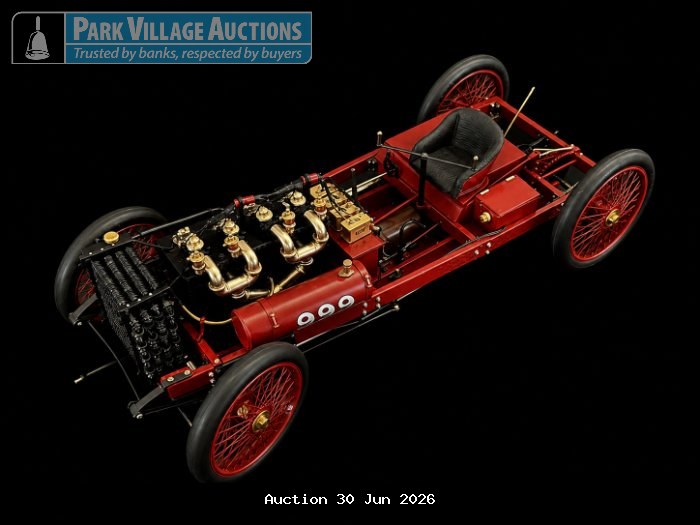 R1902 FORD 999 RED VINTAGE-STYLE DIE-CAST RACING CAR CHASSIS MODEL WITH EXPOSED ENGINE DETAIL, BRASS FITTINGS AND WIRE-SPOKE WHEELS,