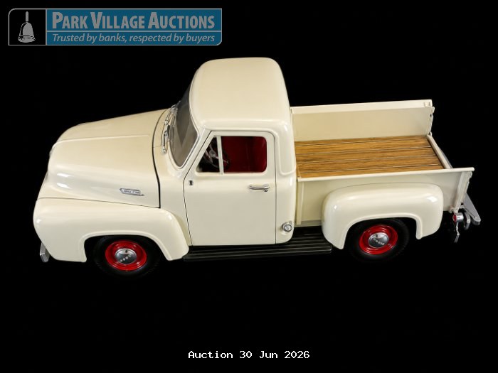 53' FORD PICKUP ROAD TOUGH, CREAM DIE-CAST FORD PICKUP TRUCK MODEL WITH WOODEN-STYLE LOAD BED, RED WHEEL DETAILING