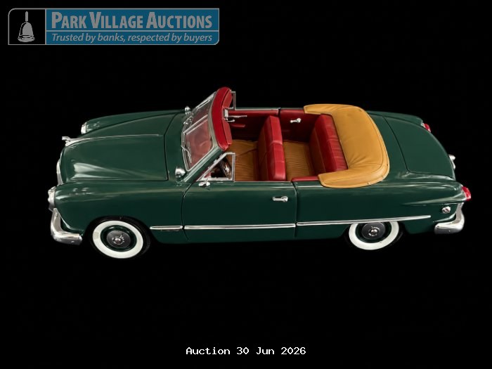 1949 FORD DARK GREEN DIE-CAST CLASSIC CONVERTIBLE MODEL WITH TAN SOFT-TOP COVER, RED INTERIOR