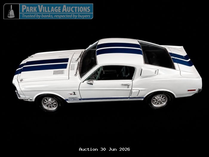 68' FORD SHELBY GT 500K WHITE DIE-CAST MODEL WITH BLUE RACING STRIPES AND CHROME DETAILING