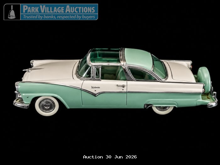 55' FORD FAIRLANE CROWN VICTORIA, ROAD TOUGH, MINT GREEN AND CREAM DIE-CAST FORD VICTORIA-STYLE CLASSIC CAR MODEL WITH CHROME DETAILING, GLASS-STYLE ROOF