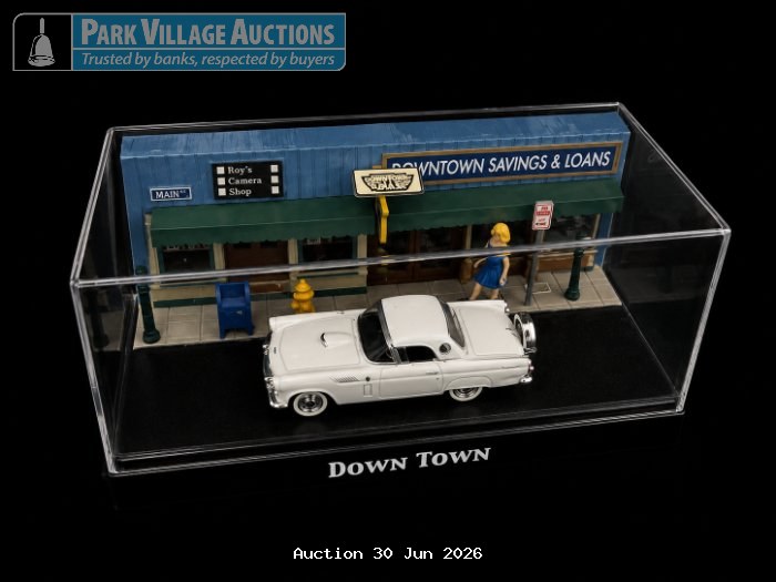 DOWNTOWN-THEMED DIE-CAST DISPLAY SET FEATURING A WHITE CLASSIC CAR,