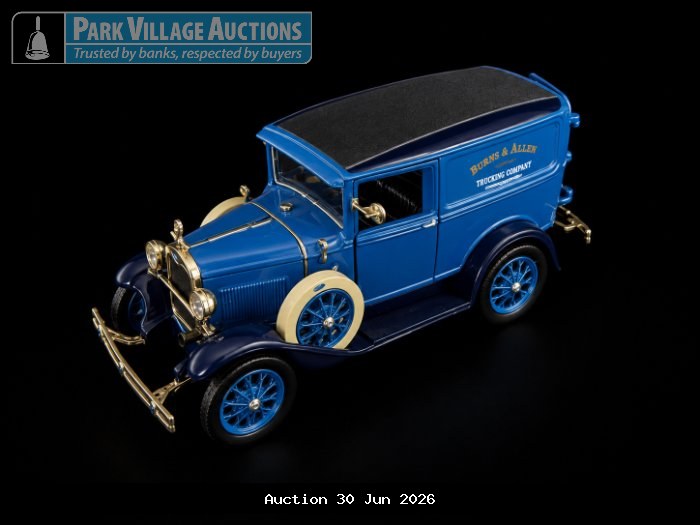 1931 FORD MODEL A, BLUE VINTAGE-STYLE DIE-CAST DELIVERY VAN MODEL WITH BURNS ALLEN TRUCKING COMPANY BRANDING, GOLD DETAILING AND SPOKED WHEELS