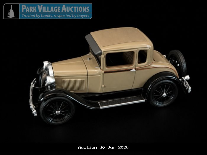 PAUL'S METAL ART MINICHAMPS, 1928 FORD MODEL A, STANDARD COUPE, TAN VINTAGE-STYLE DIE-CAST CLASSIC COUP MODEL WITH BLACK FENDERS, BLACK SPOKED WHEELS