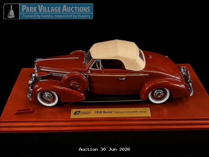1938 BUICK CENTURY CONVERTIBLE COUPE DIE-CAST MODEL WITH TAN SOFT-TOP, CHROME DETAILING AND PRESENTATION BASE