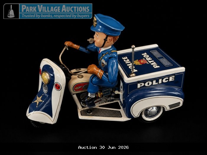 BLUE AND WHITE TIN-STYLE POLICE PATROL SCOOTER MODEL WITH OFFICER FIGURE AND SIDECAR-STYLE COMPARTMENT,