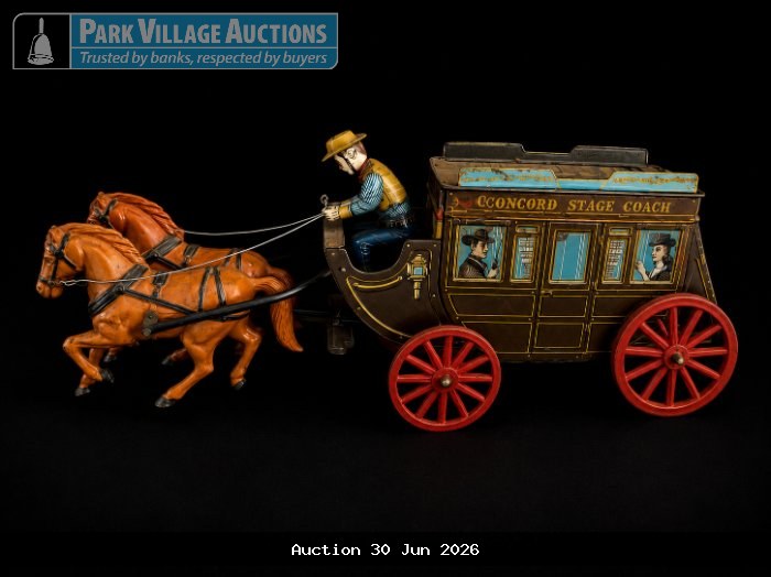 VINTAGE-STYLE TIN HORSE-DRAWN CONCORD STAGE COACH MODEL WITH DRIVER FIGURE, TWO HORSES AND RED SPOKED WHEELS