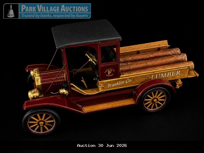 1913 FORD MODEL T PICKUP TRUCK, LIMITED EDITION, MAROON AND GOLD FRANKLIN CO. LUMBER VINTAGE-STYLE DIE-CAST TRUCK MODEL WITH LOG LOAD, BLACK ROOF AND WOODEN-STYLE DETAILING,