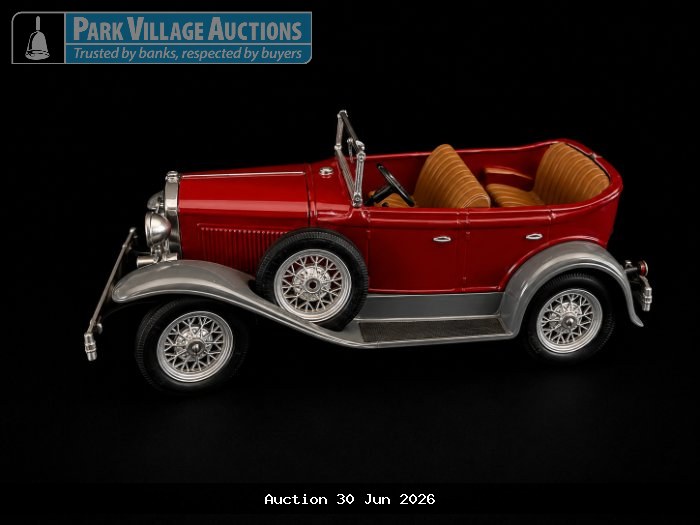HUBLEY TOYS, LANCASTER PA. 854-5K RED VINTAGE-STYLE DIE-CAST OPEN TOURER MODEL WITH SILVER FENDERS, TAN INTERIOR,