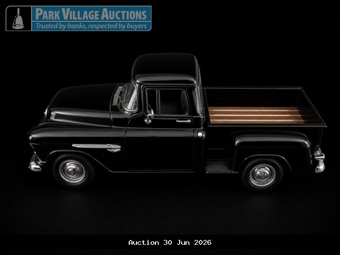 1955 CHEVROLET PICK UP, BLACK DIE-CAST CLASSIC PICKUP TRUCK MODEL WITH WOODEN-STYLE LOAD BED