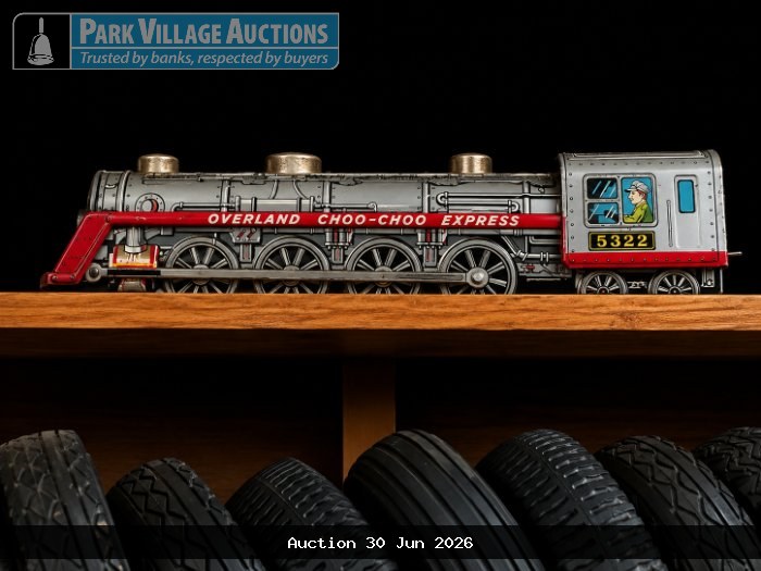 VINTAGE-STYLE TIN OVERLAND CHOO-CHOO EXPRESS LOCOMOTIVE MODEL WITH SILVER, RED AND BLACK DETAILING, DRIVER ILLUSTRATION AND NUMBER 5322