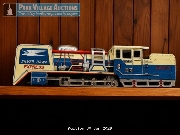 VINTAGE-STYLE TIN SILVER HAWK EXPRESS LOCOMOTIVE MODEL WITH BLUE, CREAM AND RED DETAILING