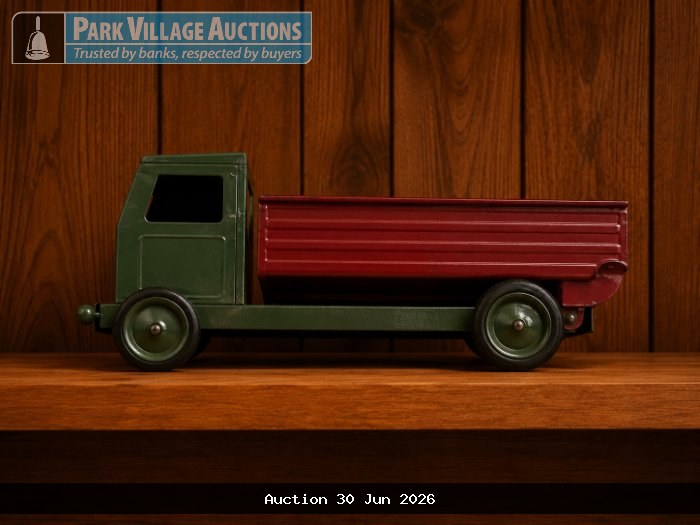 VINTAGE-STYLE DECORATIVE TOY TRUCK WITH A GREEN CAB AND RED OPEN CARGO BED