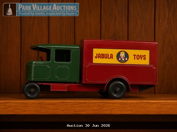 VINTAGE-STYLE JABULA TOYS DELIVERY TRUCK WITH A GREEN CAB, RED BODY