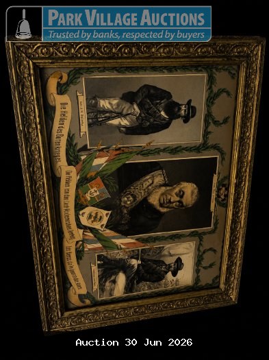 FRAMED VINTAGE BOER WAR-STYLE HISTORICAL PRINT FEATURING DECORATED PORTRAITS AND ORNATE GOLD-TONE FRAMING,