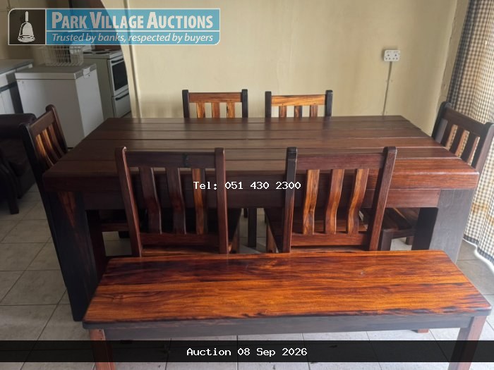 WOODEN DINING TABLE WITH 6 CHAIRS & BENCH